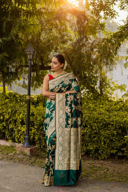 Bottle Green Saree Katan Silk Handwoven - Panaya 