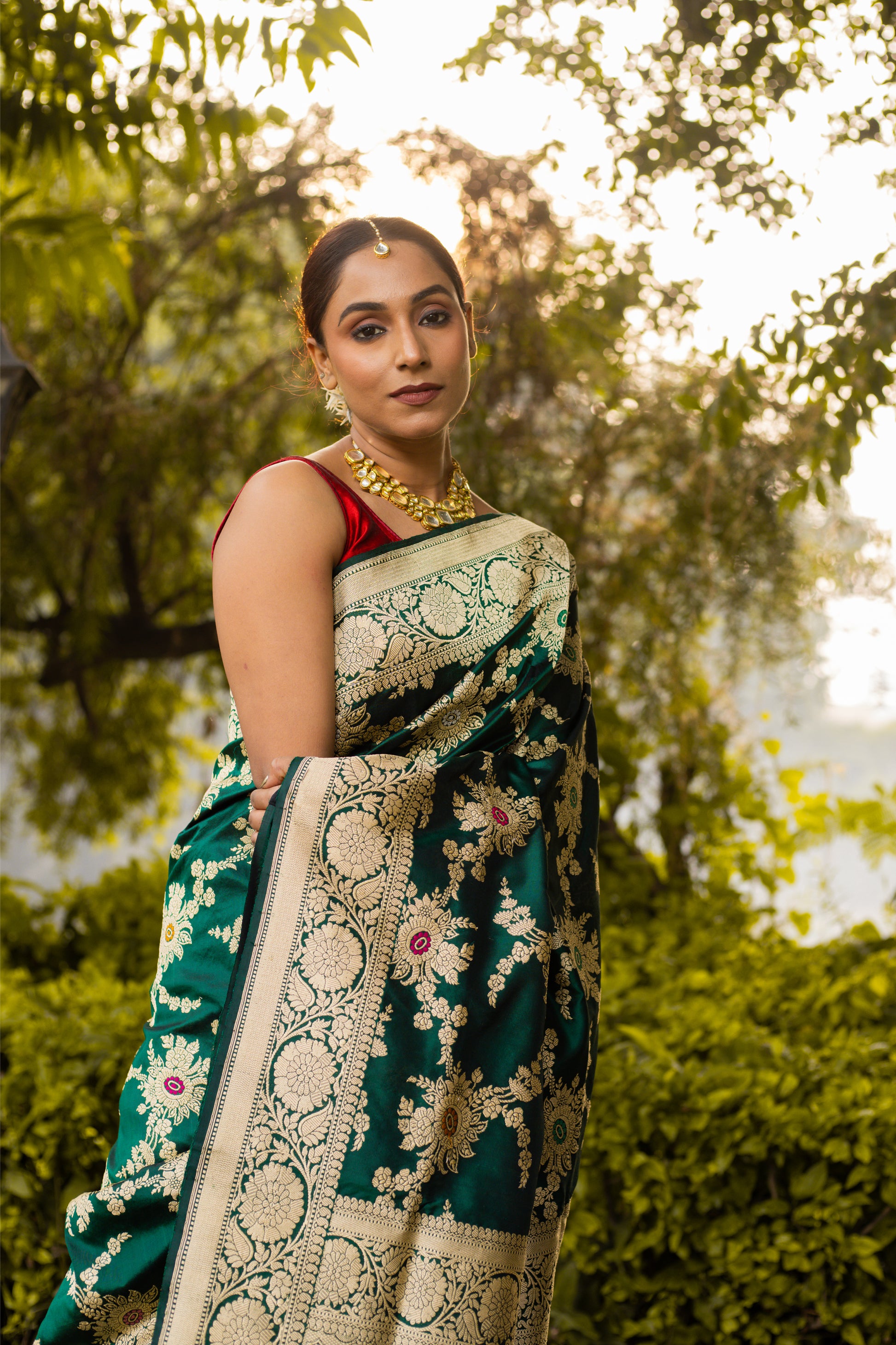 Bottle Green Saree Katan Silk Handwoven