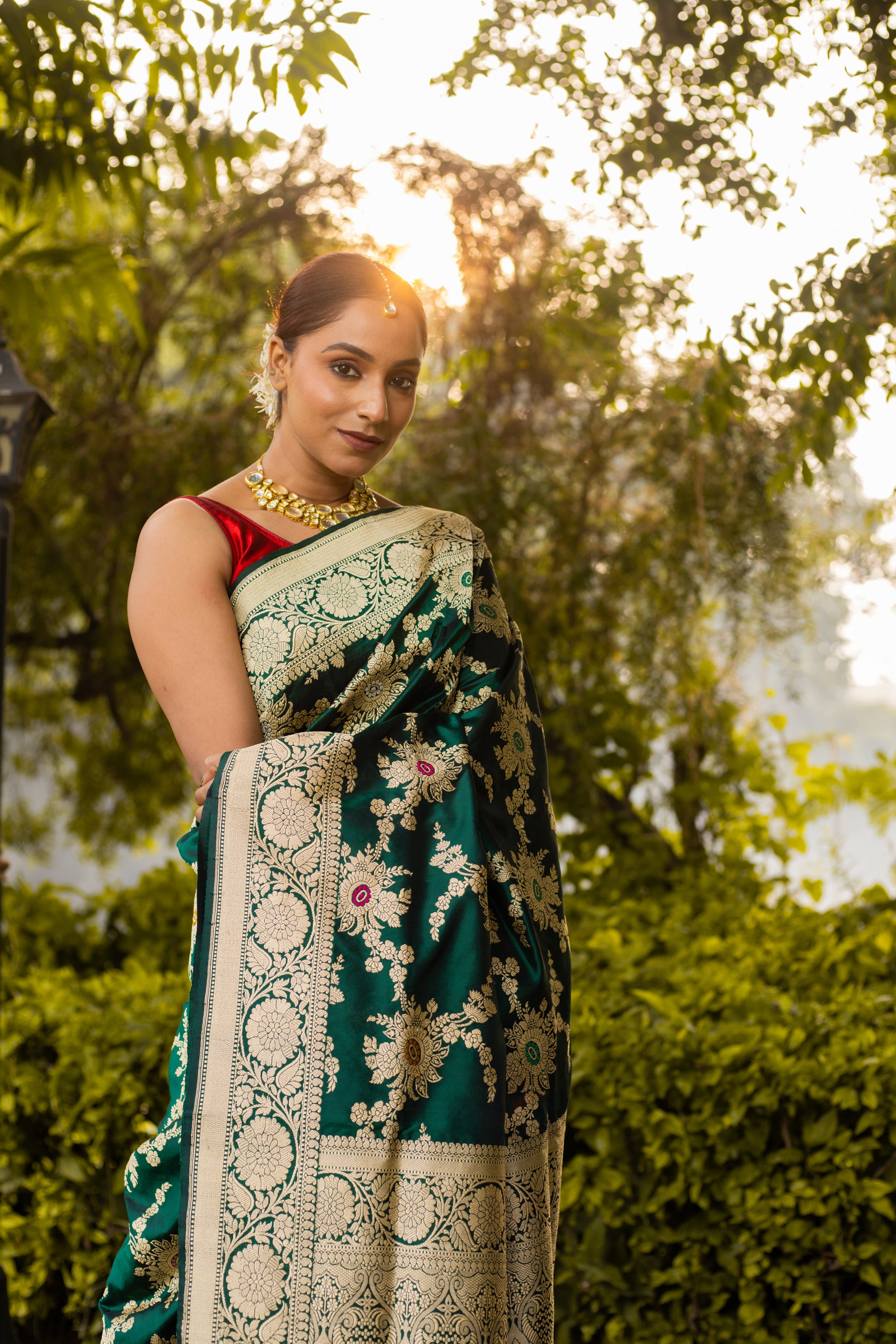 Bottle Green Saree Katan Silk Handwoven