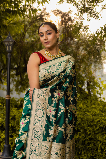 Bottle Green Saree Katan Silk Handwoven - Panaya 