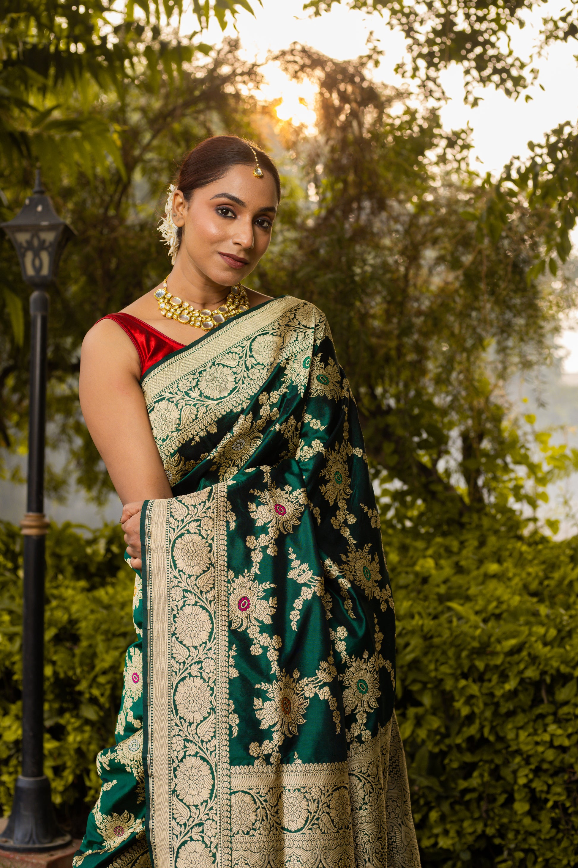 Bottle Green Saree Katan Silk Handwoven