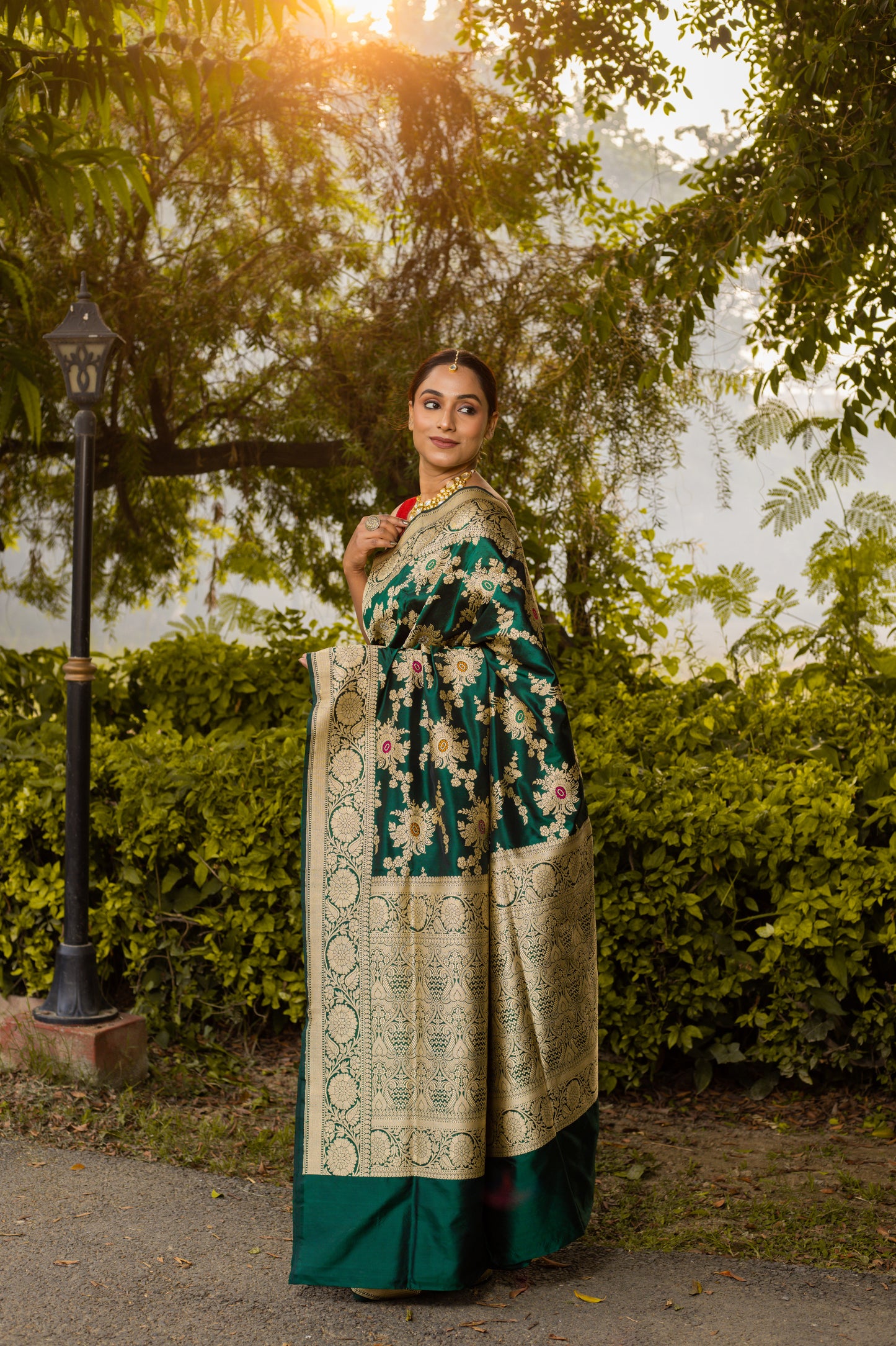 Bottle Green Saree Katan Silk Handwoven - Panaya 