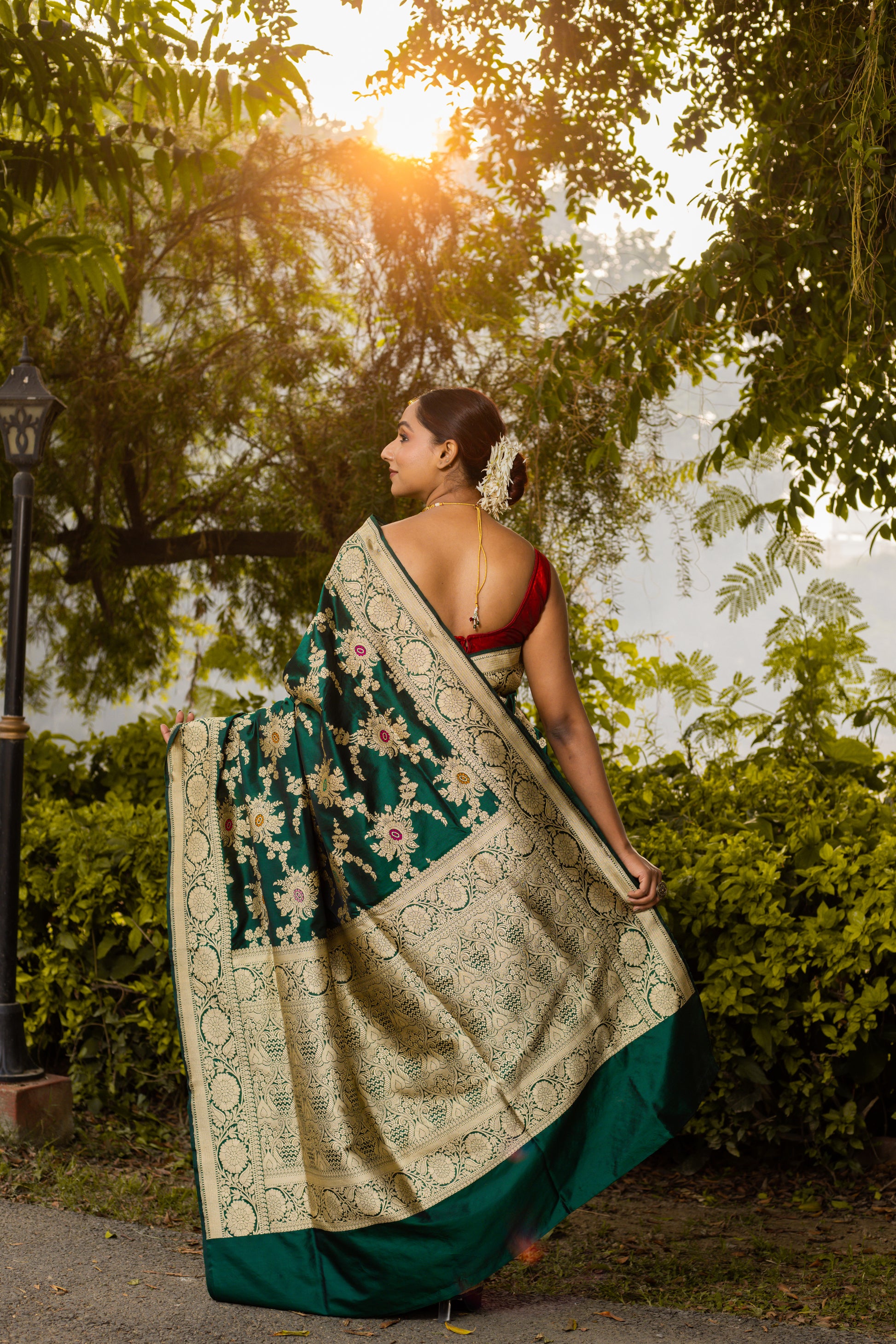 Bottle Green Saree Katan Silk Handwoven