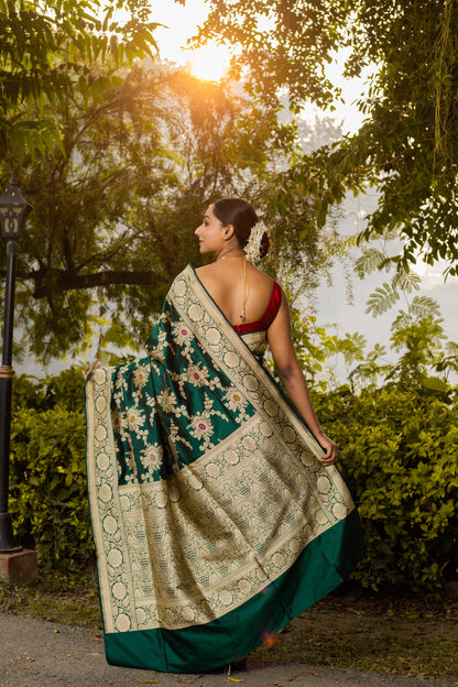 Bottle Green Saree Katan Silk Handwoven - Panaya 