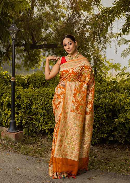 Rust Orange Georgette Silk Saree — Cut Work Jaal