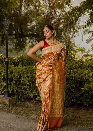 Rust Orange Georgette Silk Saree — Cut Work Jaal