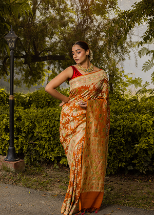 Rust Orange Georgette Silk Saree — Cut Work Jaal