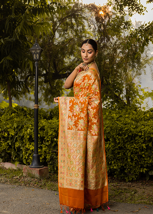 Rust Orange Georgette Silk Saree — Cut Work Jaal