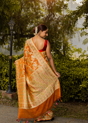 Rust Orange Georgette Silk Saree — Cut Work Jaal
