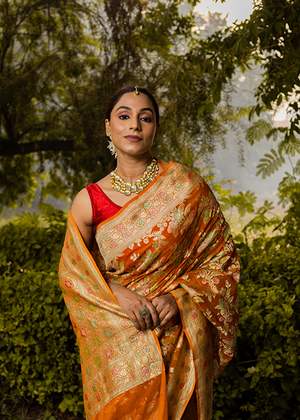 Rust Orange Georgette Silk Saree — Cut Work Jaal