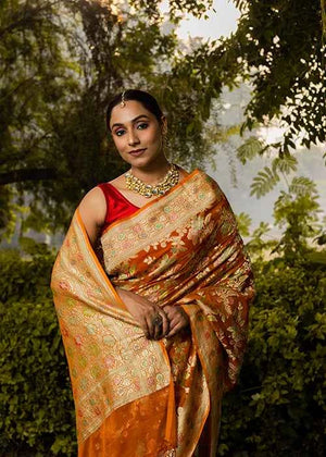 Rust Orange Georgette Silk Saree — Cut Work Jaal