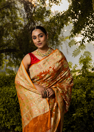 Rust Orange Georgette Silk Saree — Cut Work Jaal