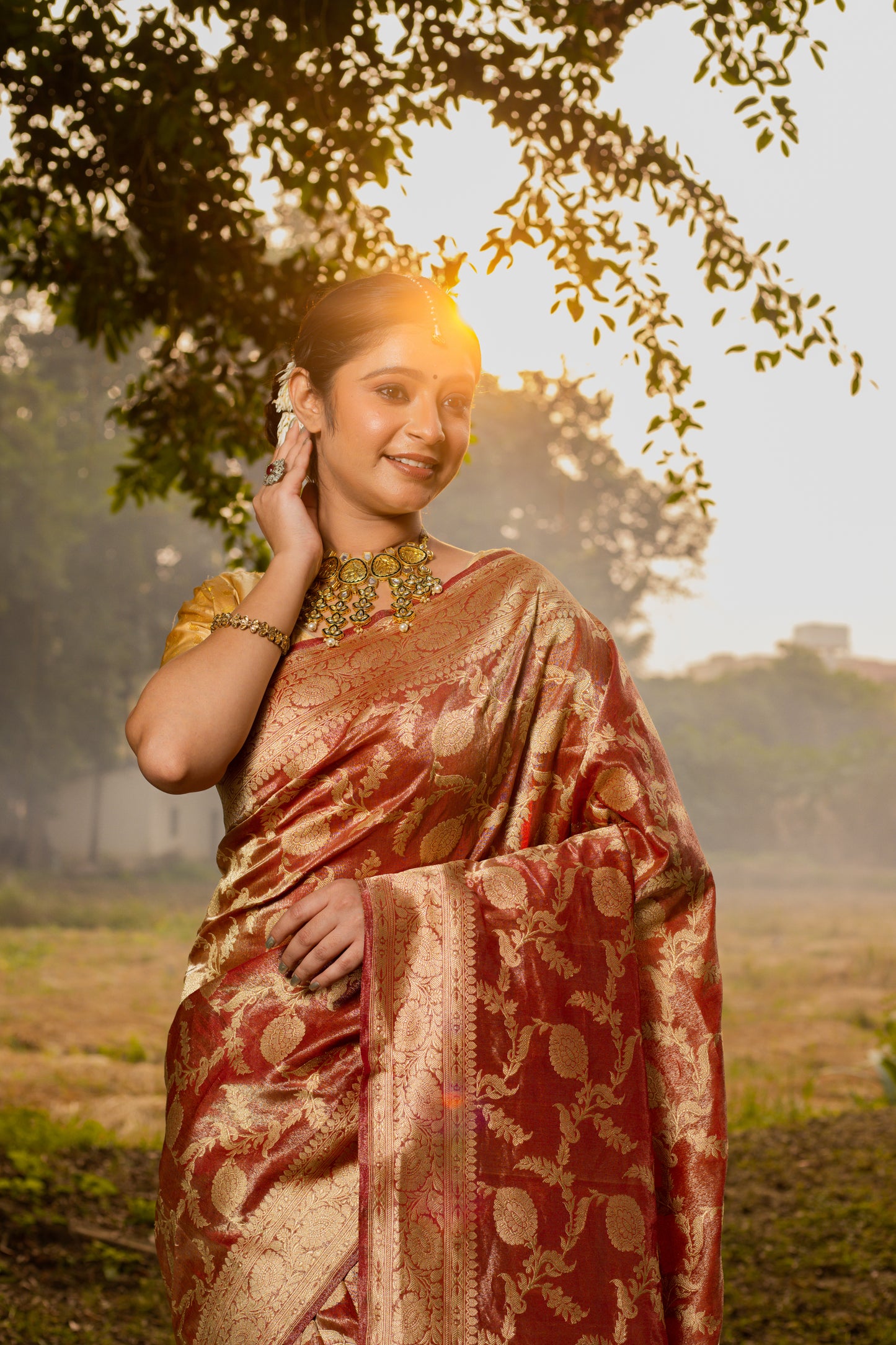 Maroon Saree Tissue Jangla Handwoven - Panaya 