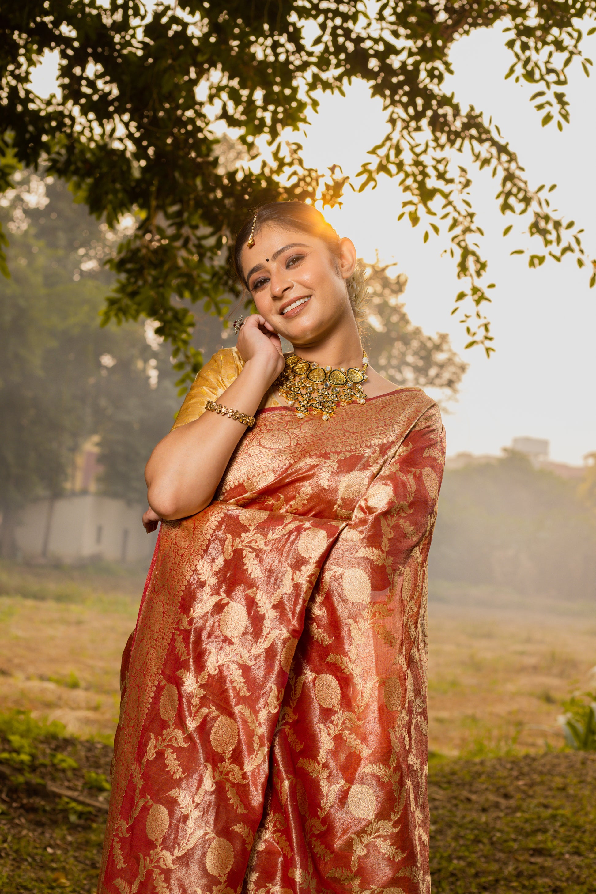 Maroon Saree Tissue Jangla Handwoven