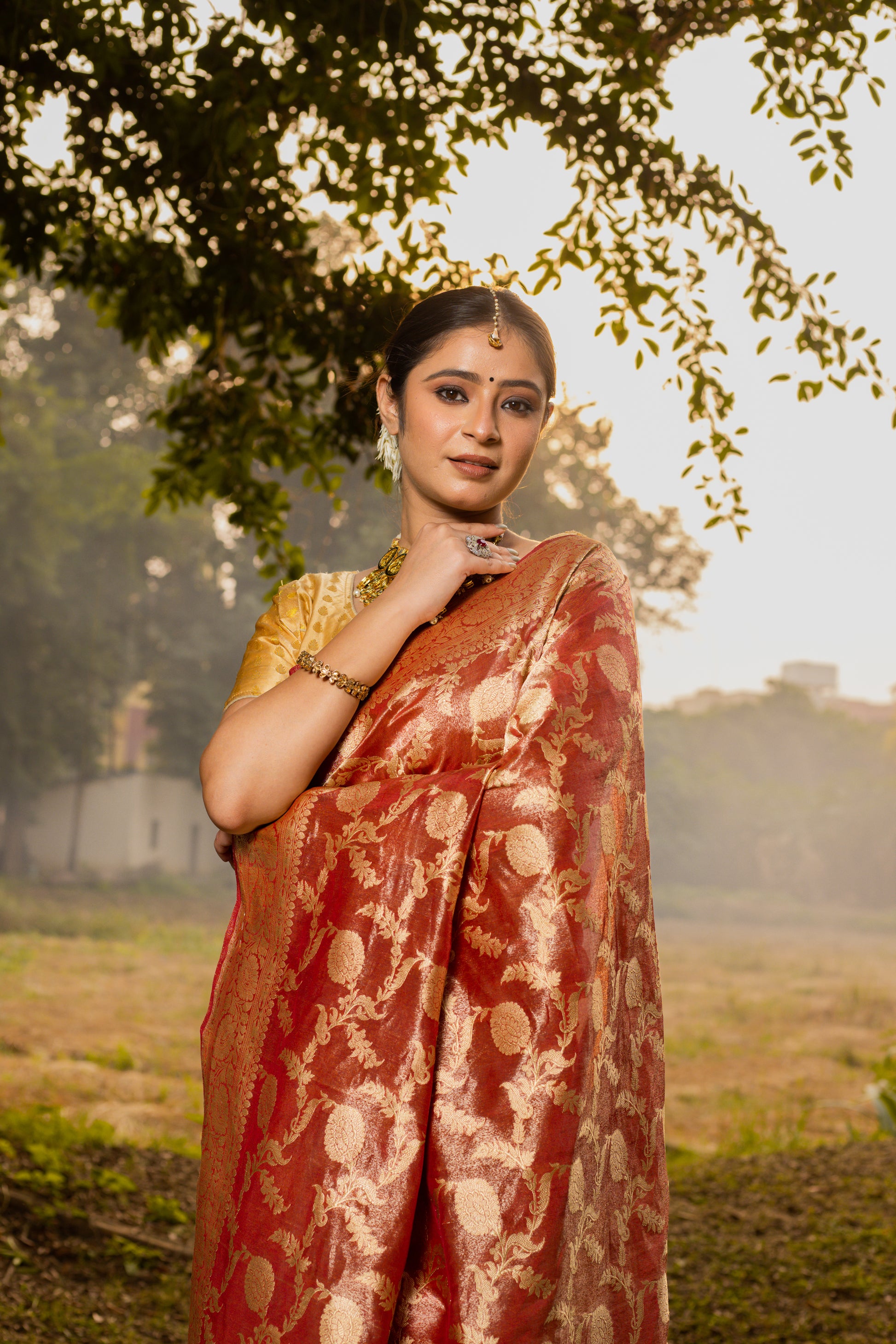 Maroon Saree Tissue Jangla Handwoven