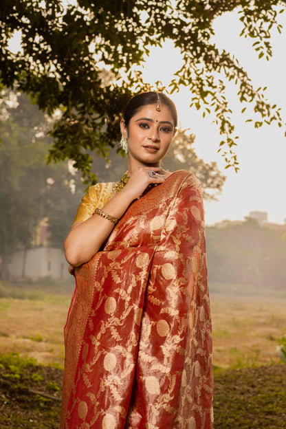 Maroon Saree Tissue Jangla Handwoven - Panaya 