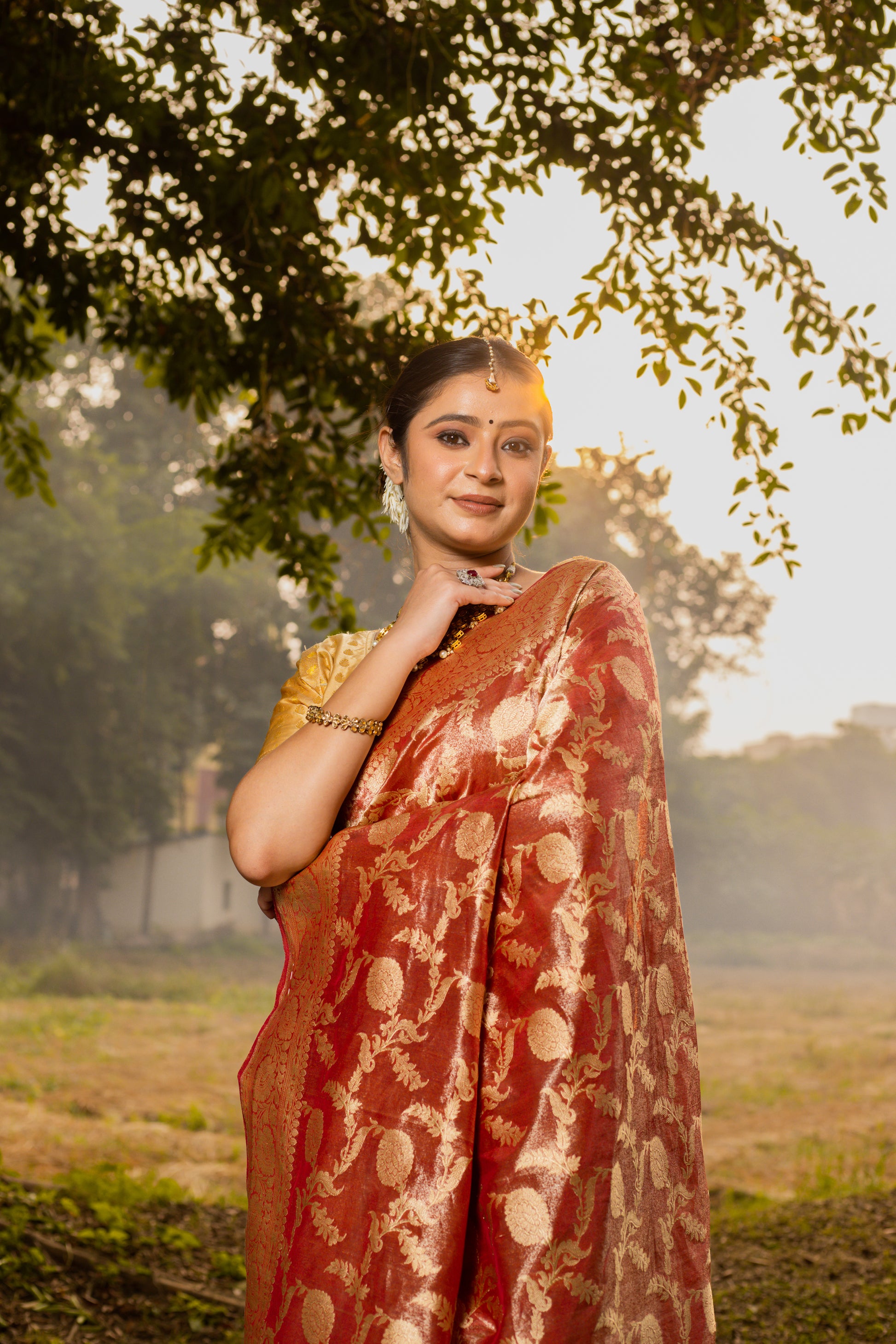 Maroon Saree Tissue Jangla Handwoven