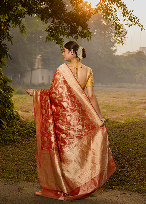 Red Tissue Silk Saree — Kadwa Jaal