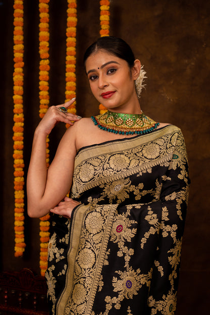 Black Saree Katan Silk Handwoven - Panaya 