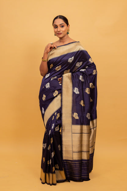Navy Blue Saree Katan Silk Handwoven - Panaya 