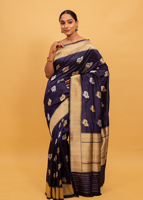 Blue Katan Silk Saree - Kadwa Bird Boota - The Panaya