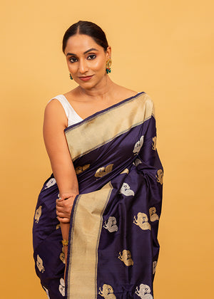 Blue Katan Silk Saree Bird Boota