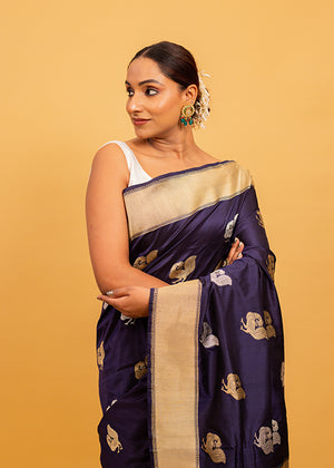 Blue Katan Silk Saree Bird Boota