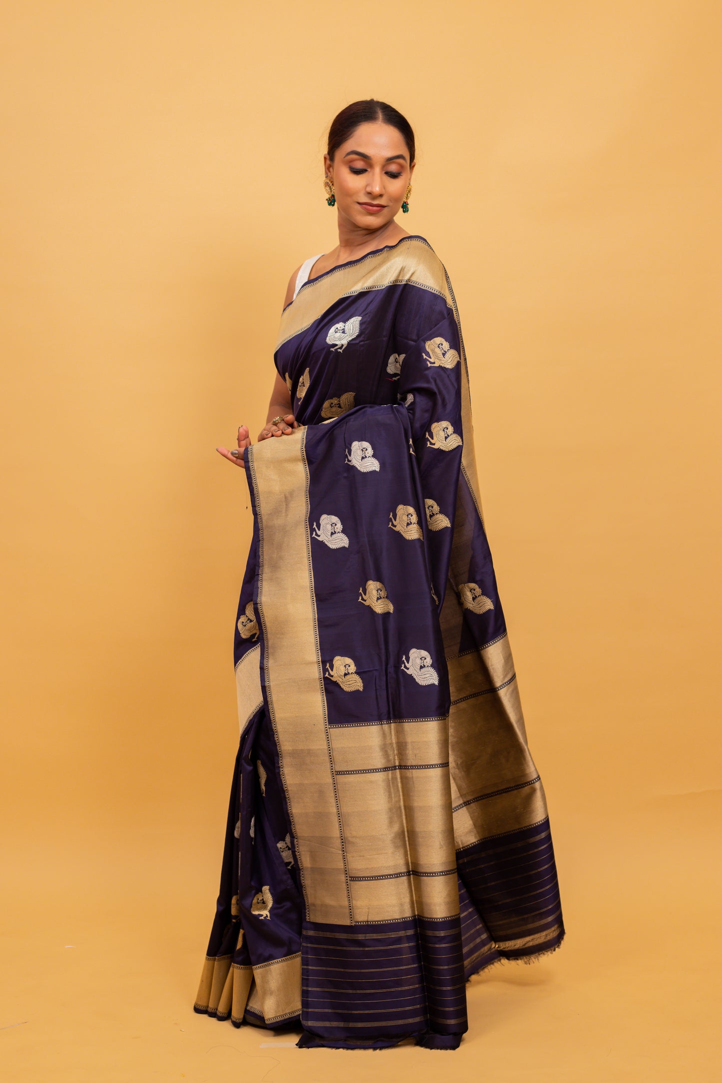 Navy Blue Saree Katan Silk Handwoven - Panaya 