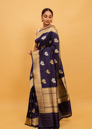 Blue Katan Silk Saree Bird Boota