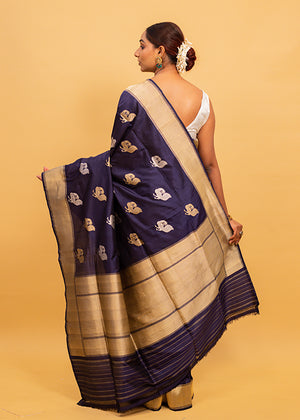 Blue Katan Silk Saree Bird Boota