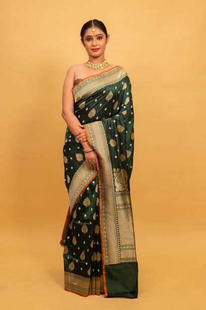 Bottle Green Saree Katan Silk Handwoven - Panaya 