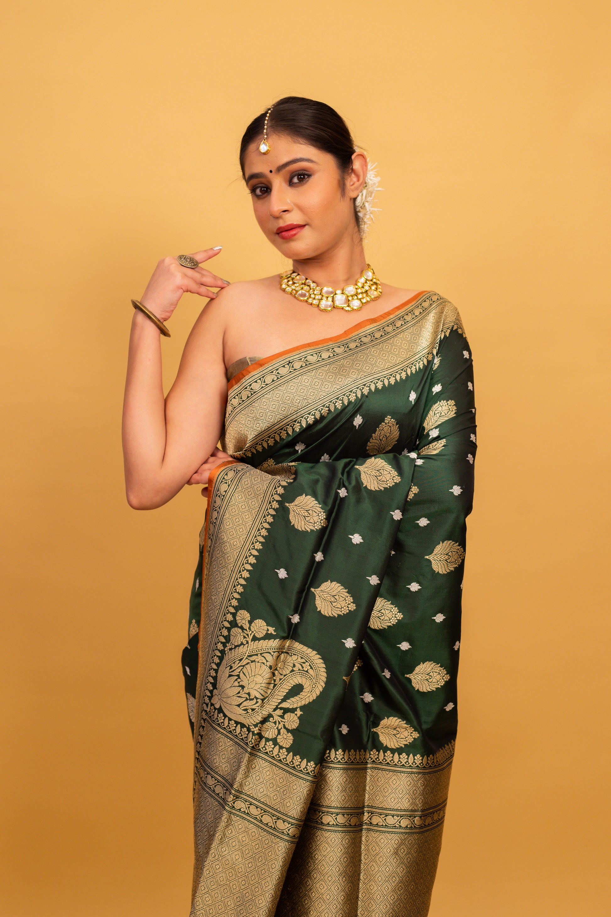 Bottle Green Saree Katan Silk Handwoven