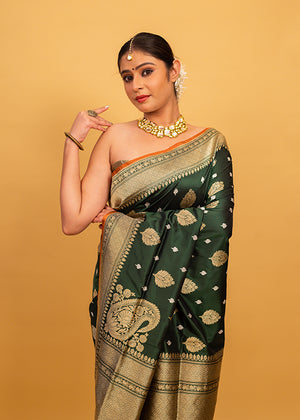 Green Katan Silk Saree — Kadwa Booti