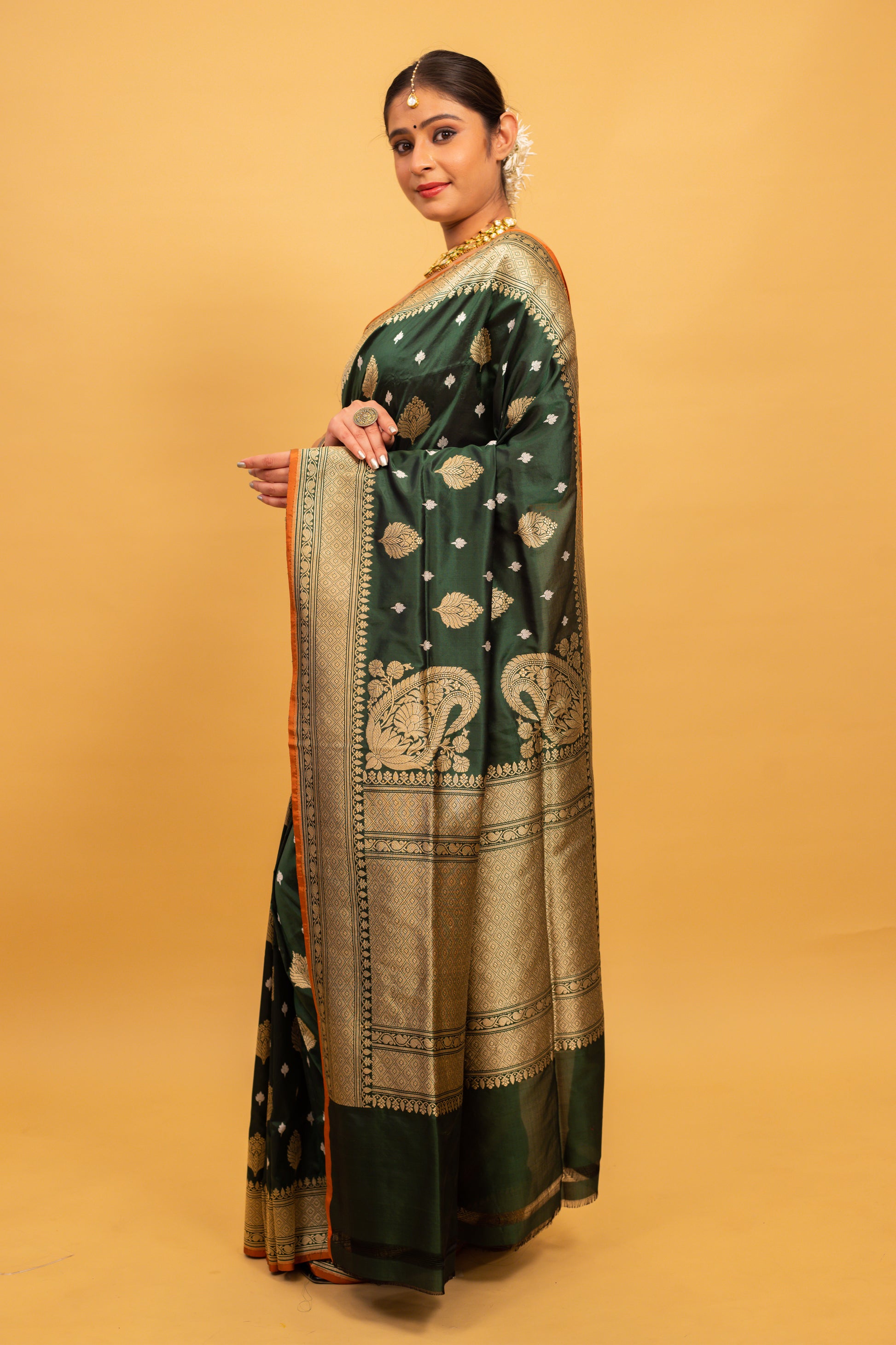 Bottle Green Saree Katan Silk Handwoven