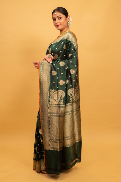 Bottle Green Saree Katan Silk Handwoven - Panaya 