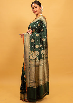 Green Katan Silk Saree — Kadwa Booti