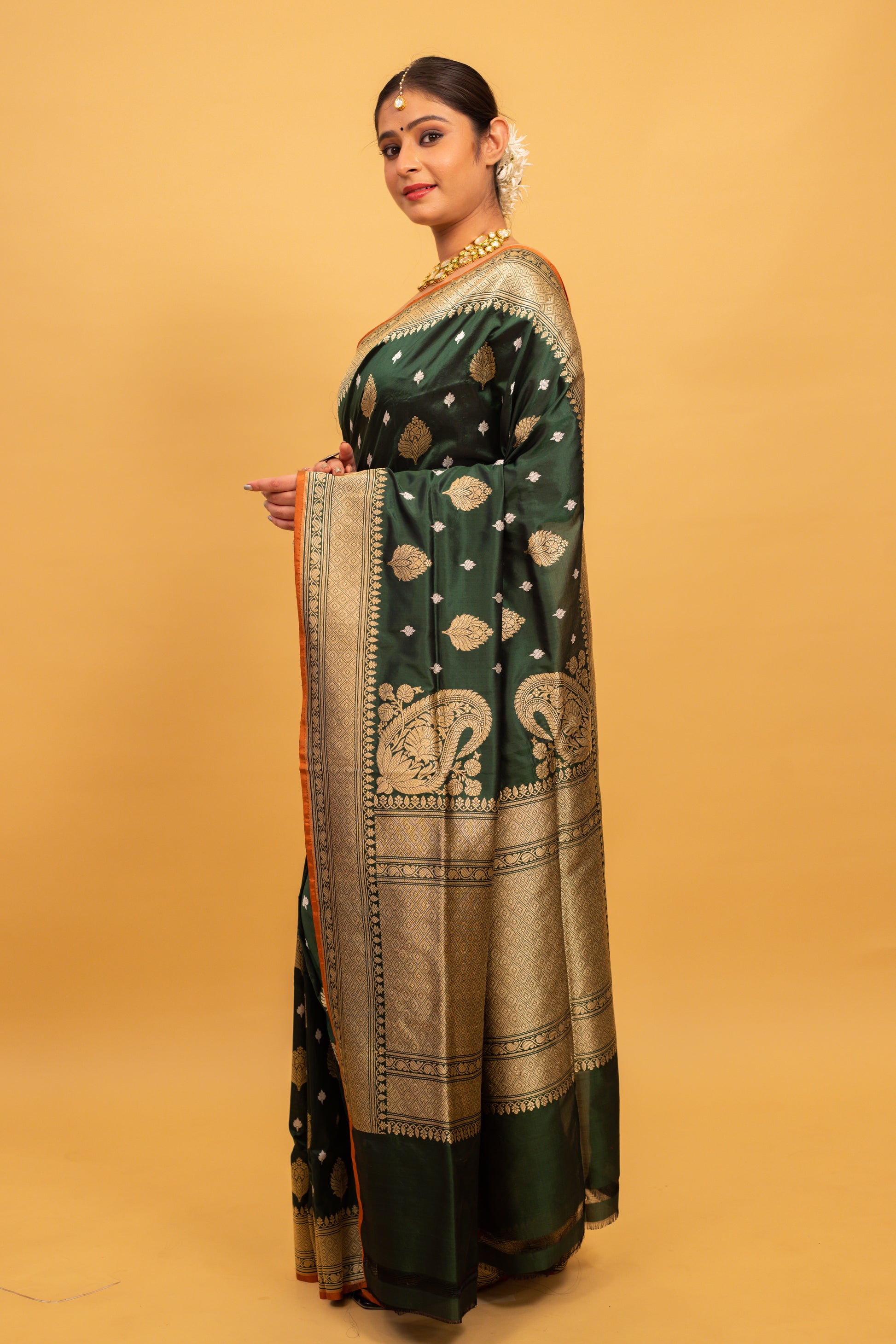 Bottle Green Saree Katan Silk Handwoven