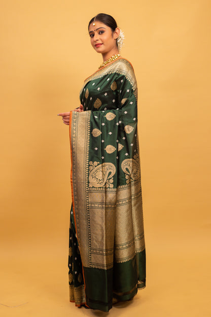 Bottle Green Saree Katan Silk Handwoven - Panaya 