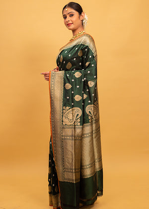 Green Katan Silk Saree — Kadwa Booti