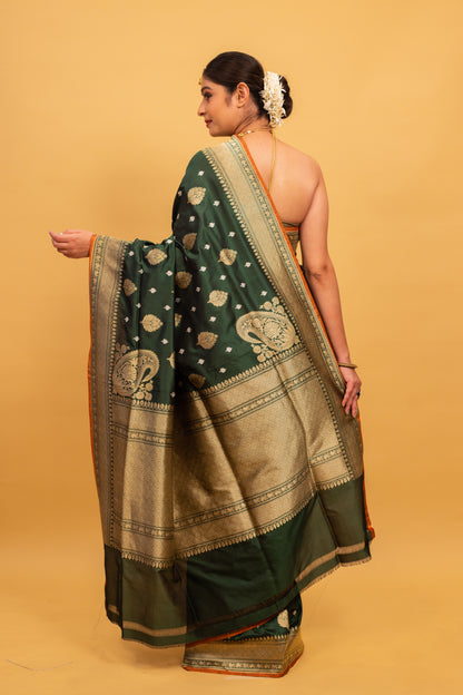 Bottle Green Saree Katan Silk Handwoven - Panaya 