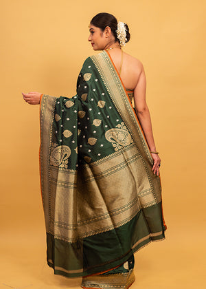 Green Katan Silk Saree — Kadwa Booti