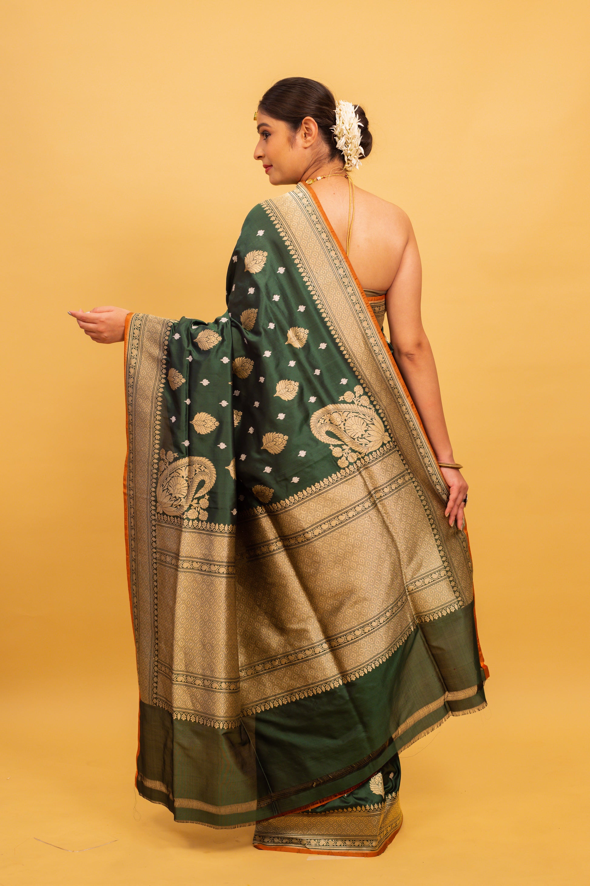 Bottle Green Saree Katan Silk Handwoven