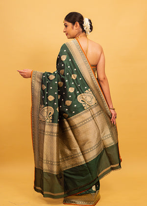 Green Katan Silk Saree — Kadwa Booti