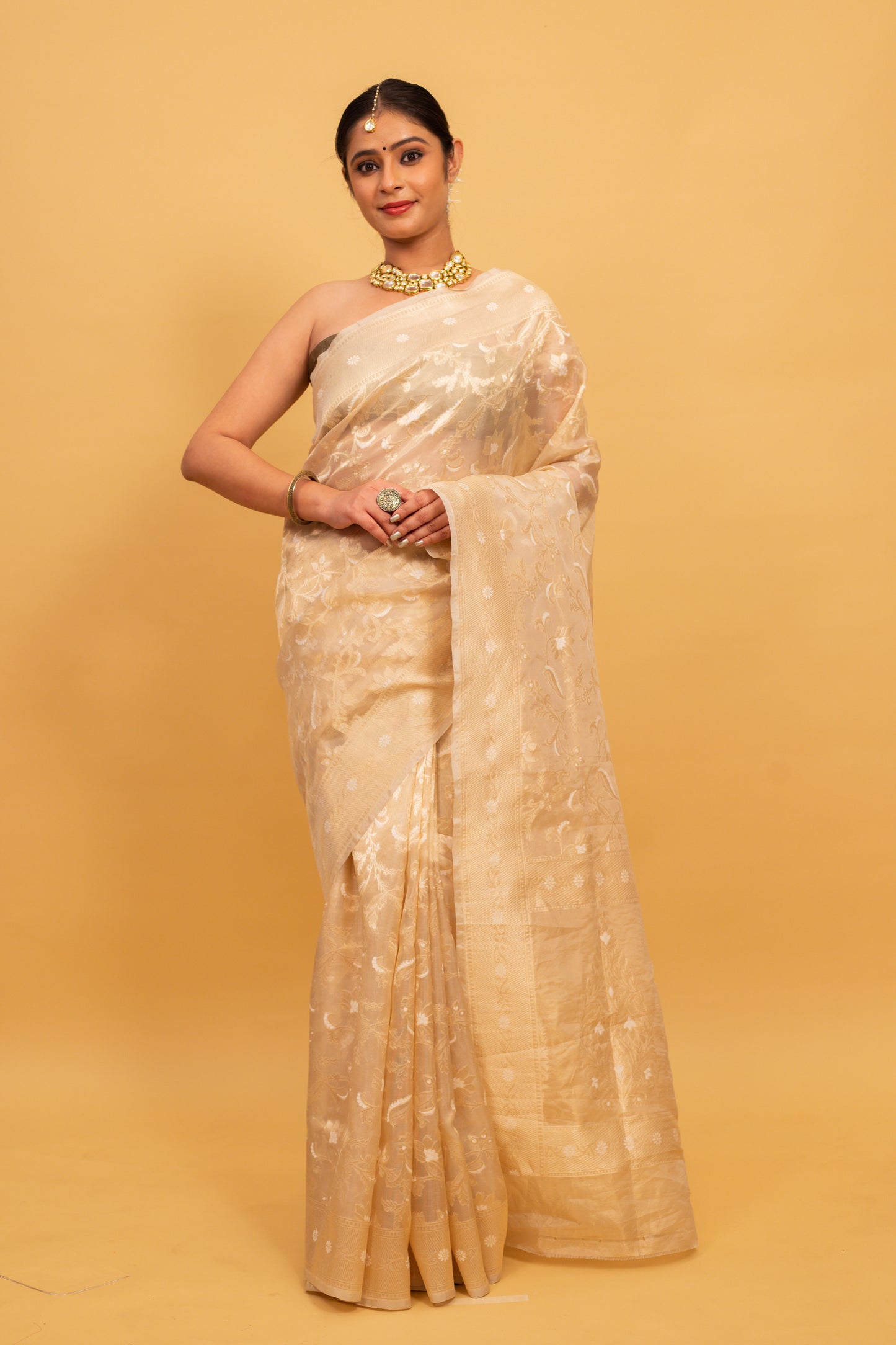 Cream Saree Tissue Jangla Handwoven - Panaya 