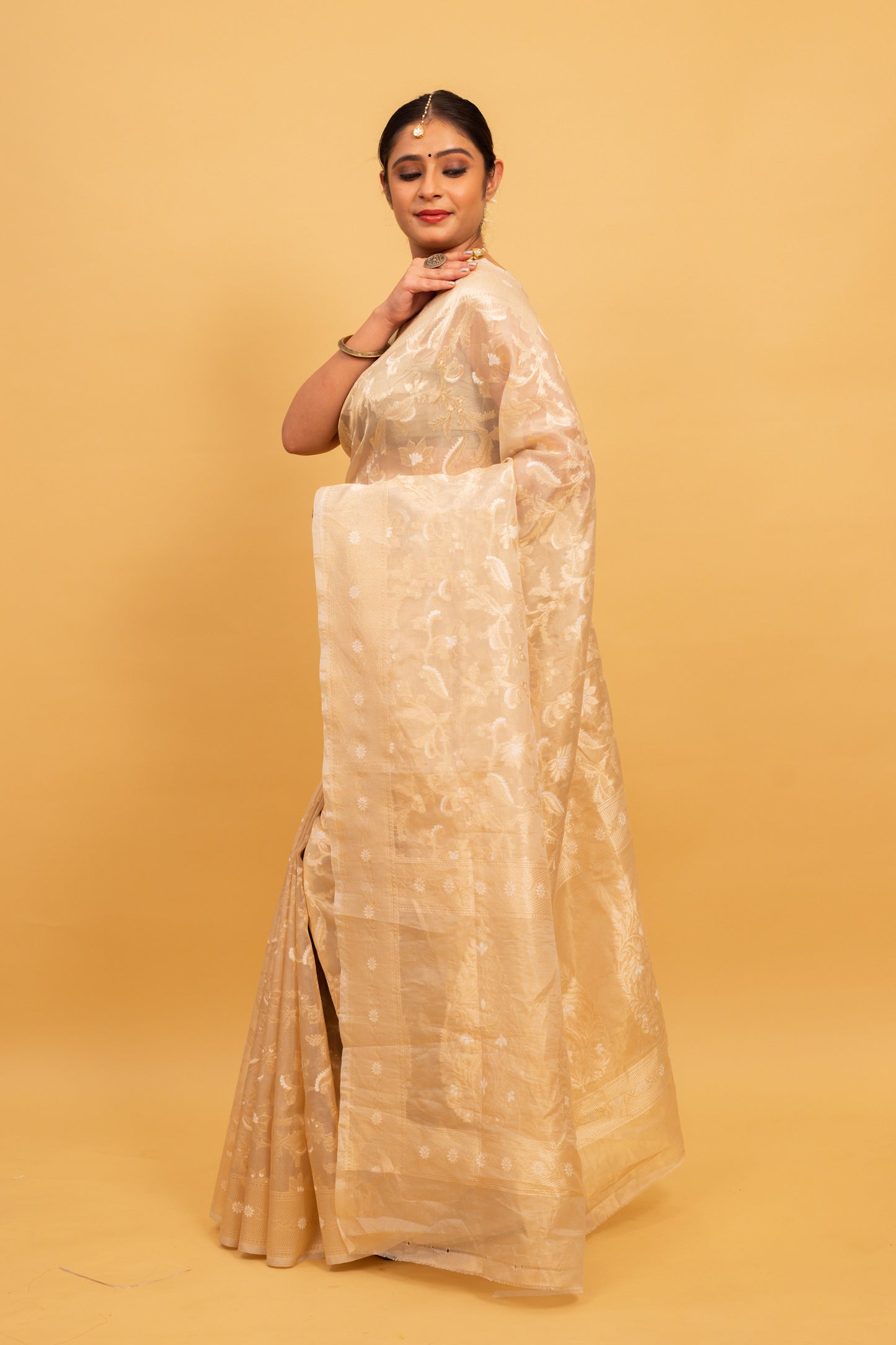 Cream Saree Tissue Jangla Handwoven - Panaya 