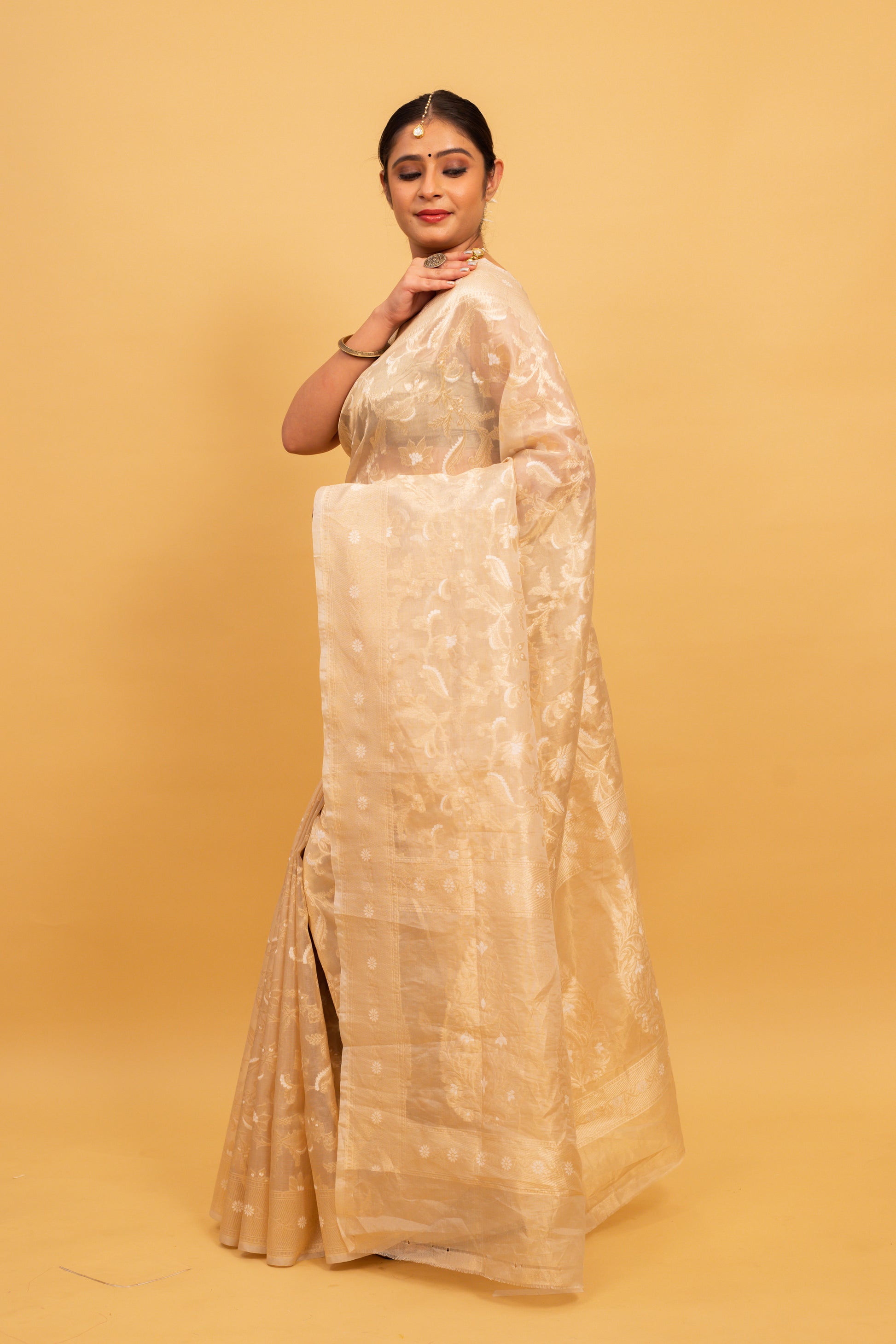 Cream Saree Tissue Jangla Handwoven