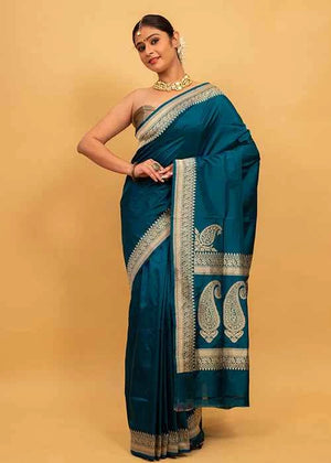 Peacock Color Katan Silk Saree — Kadwa Plain