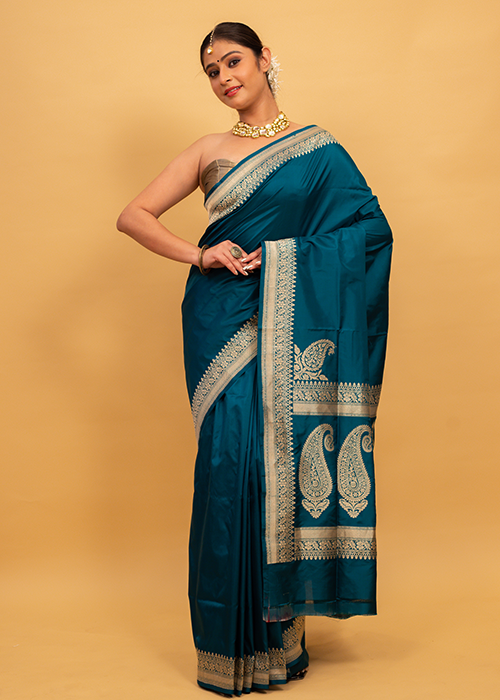 Peacock Color Katan Silk Saree — Kadwa Plain