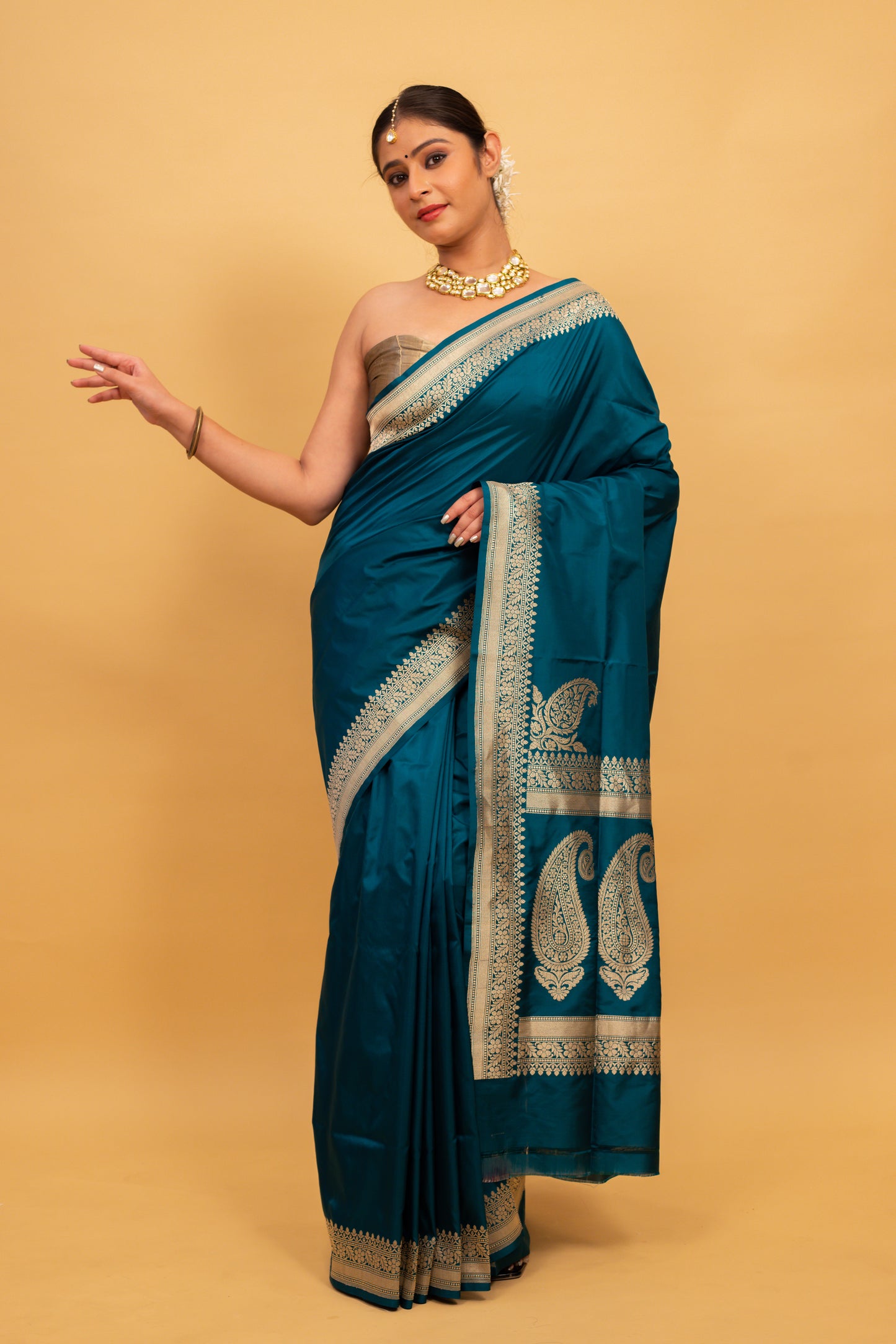 Teal Saree Katan Silk Handwoven - Panaya 