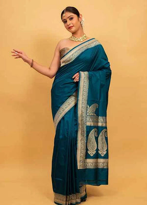 Peacock Color Katan Silk Saree — Kadwa Plain